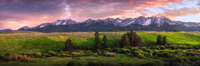 A fiery spring sunset over Montana's Bridger Range, in the beautiful Shields River Valley east of Bozeman.