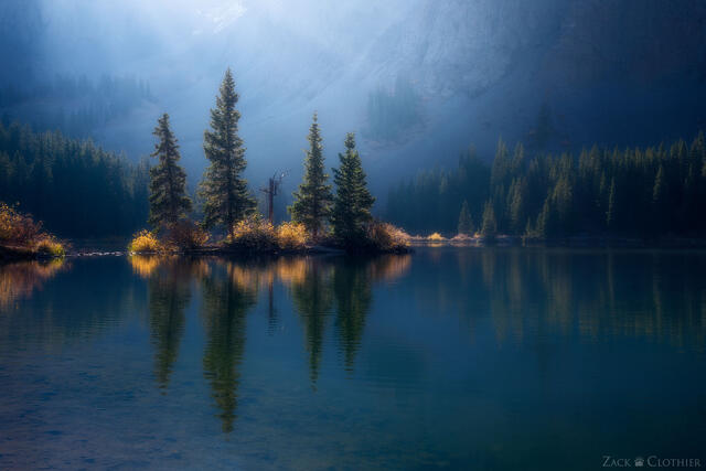 Island on a small lake at sunrise, Uncompahgre National Forest, Colorado