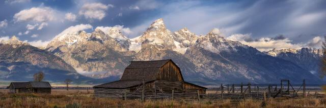 Panoramic of the Moulton Barn and Teton Range, Grand Teton National Park, Wyoming