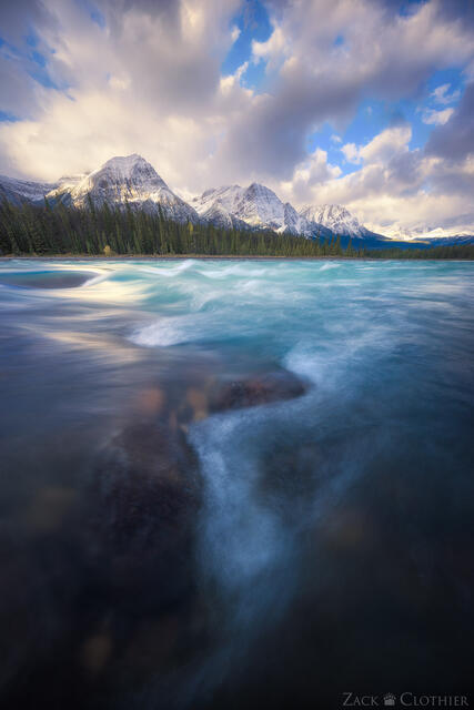 Athabasca River and mountains at sunrise, Jasper National Park, Alberta Canada