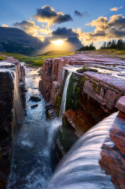 Waterfall gorge at sunrise, Glacier National Park, Montana