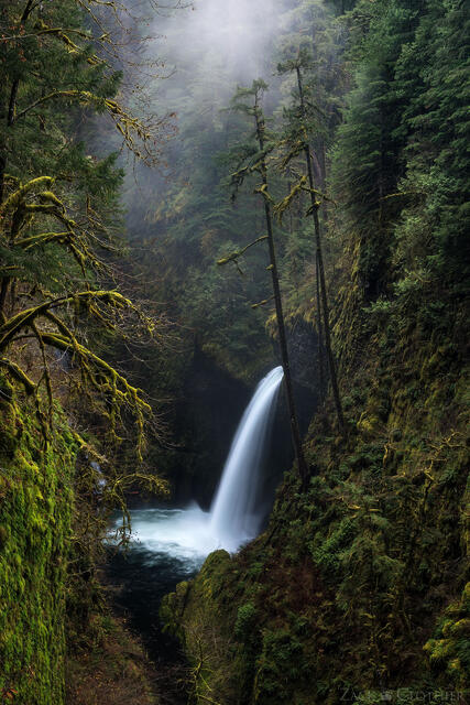 Metlako Falls on a foggy morning, Columbia River Gorge, Oregon