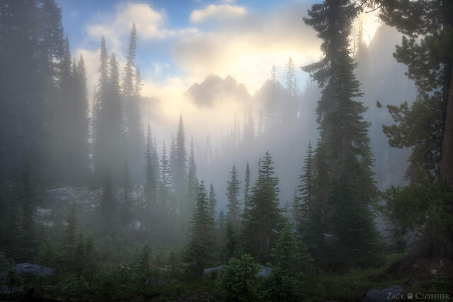 Jagged peaks on foggy morning in Sawtooth Mountains Wilderness, Idaho