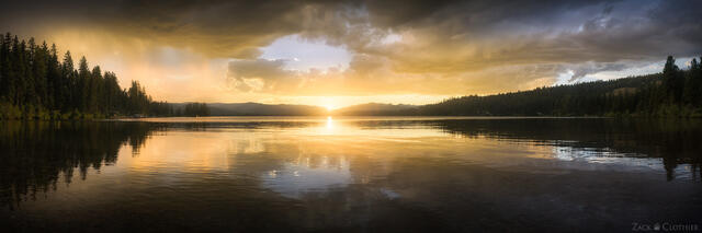 Panoramic view of Placid Lake at sunset, Seeley-Swan Valley, Montana
