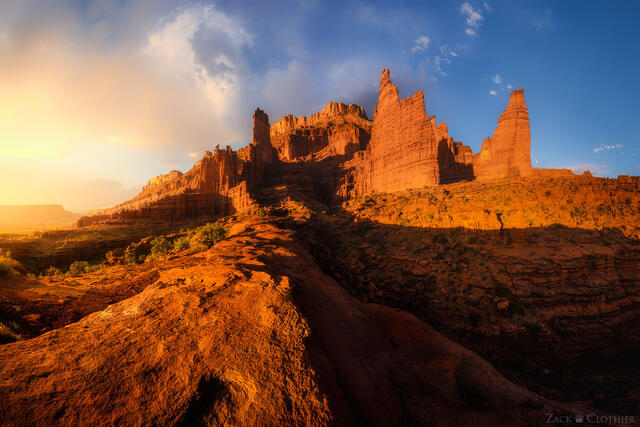 Colorful spring sunset over Fisher Towers, Moab, Utah