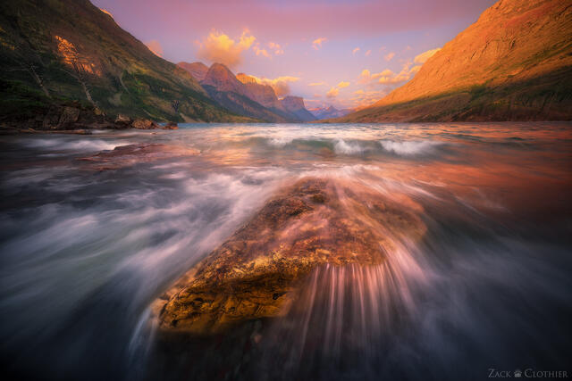 Fiery sunrise over Saint Mary Lake, Glacier National Park, Montana