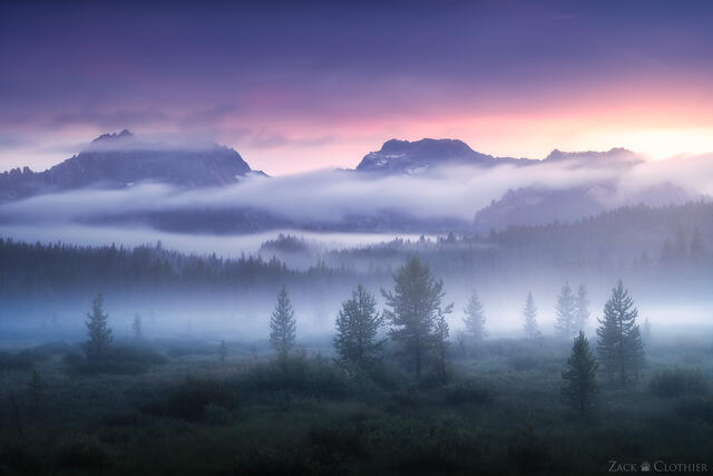 Foggy summer twilight over the Sawtooth Mountains, Idaho
