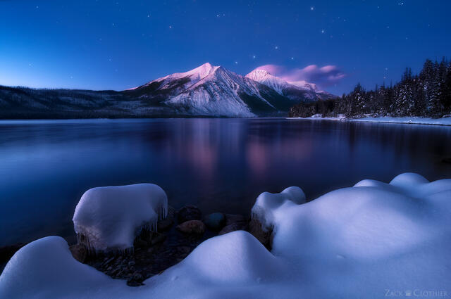 Winter night on Lake McDonald, Glacier National Park, Montana 