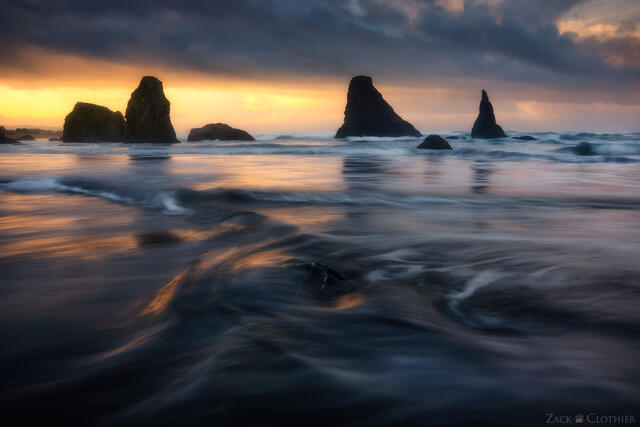 Sunrise over the rugged sea stacks of Bandon Beach, central Oregon Coast