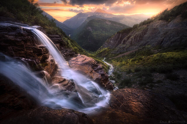Waterfall and Heaven's Peak at sunset, Glacier National Park, Montana