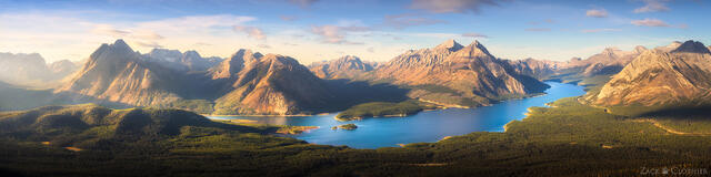 Spray Lake and Kananaskis Country from a high ridgeline on an autumn evening in the Canadian Rockies.
