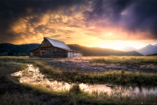 Moulton Barn stormy sunset, Grand Teton National Park, Wyoming