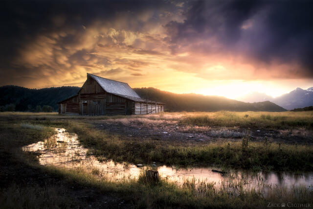 Moulton Barn stormy sunset, Grand Teton National Park, Wyoming