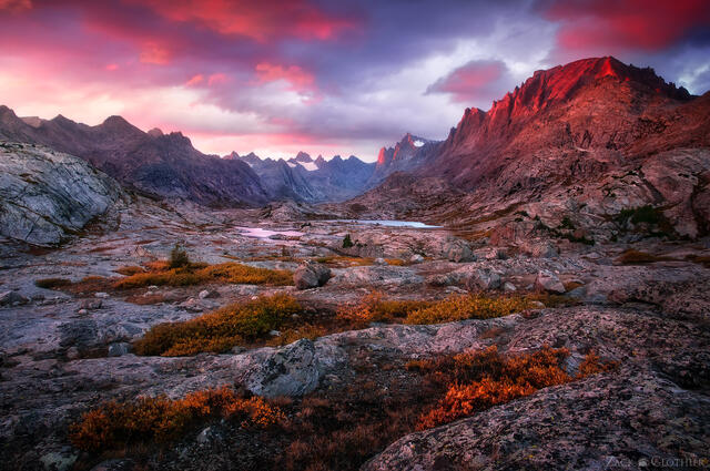 Titcomb Basin in the Wind River Range at sunset, Wyoming