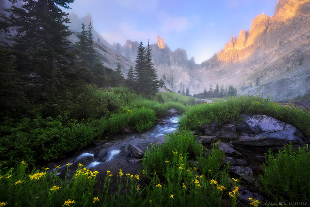 Remote alpine cirque in the Idaho Rocky Mountains at sunrise