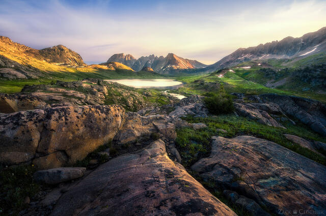 Mountains and lake at sunrise, Absaroka-Beartooth Wilderness, Montana