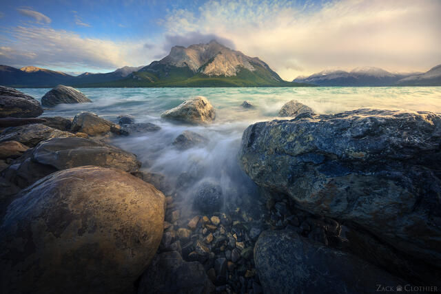 Abraham Lake and mountains at sunset, David Thompson Country, Alberta Canada