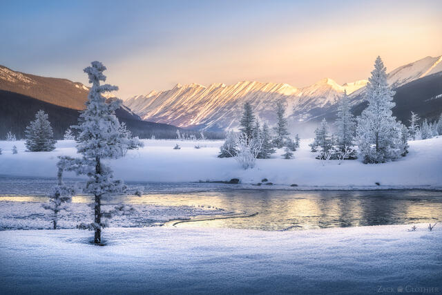 Endless Chain Ridge at sunrise on a frosty winter morning in the Canadian Rockies in Jasper National Park
