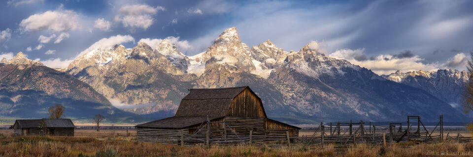 Panoramic of the Moulton Barn and Teton Range, Grand Teton National Park, Wyoming