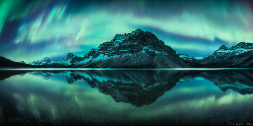 Panoramic view of Auroras over Bow Lake, Banff National Park, Alberta, Canada