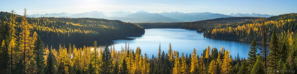 Panoramic view of Holland Lake and the Mission Mountains in autumn, Seeley-Swan Valley, Montana