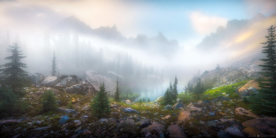 Panoramic view of a remote alpine cirque in the Rocky Mountains of Idaho
